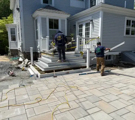 Porch railing construction vinyl siding, Newton MA build