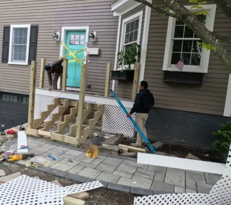 Porch staircase construction, Arlington MA home build