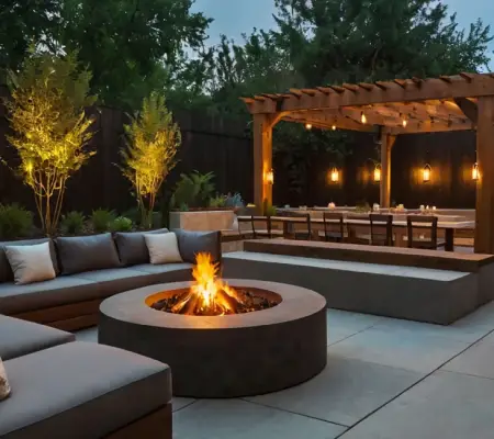 Sectional sitting area around fire pit, Wellesley MA pergola lounge