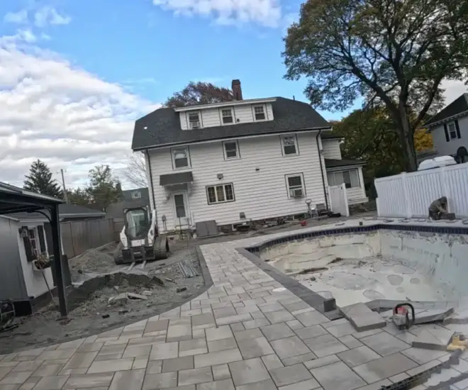 poolside hardscape design and paver patio Lynnfield MA